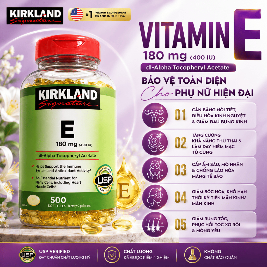 Kirkland Signature Vitamin E hàm lượng 180mg (400IU) Hỗ trợ làm đẹp, tim mạch, lão hóa da Kirkland S