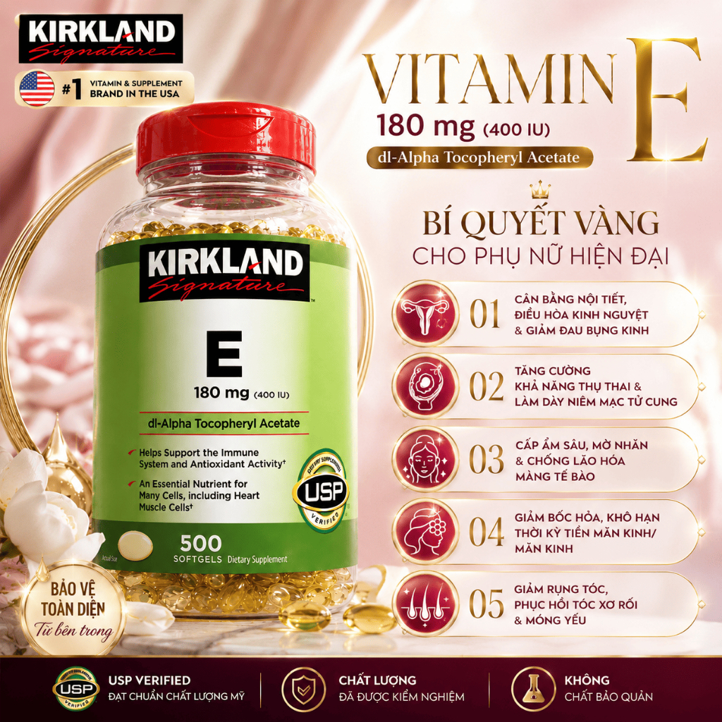 Viên uống hỗ trợ lão hóa, gốc tự do, nếp nhăn, mụn Kirkland Signature Vitamin E 180mg (400IU) - Hộp 