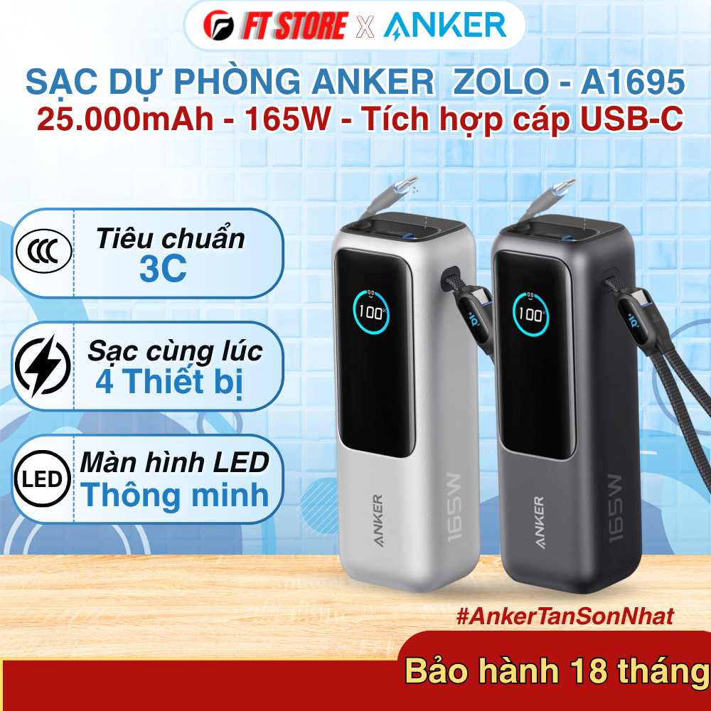 Pin dự phòng Anker Zolo Power Bank 25000mAh A1695 công suất 165W có cáp USB-C tích hợp thò thụt