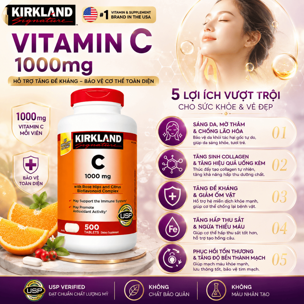 Viên Uống Vitamin C Kirkland Signature 1000mg Hộp 500 Viên Nén - Bổ Sung Vitamin C Tăng Sức Đề Kháng