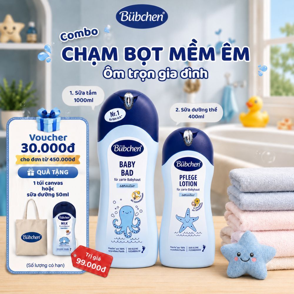COMBO 2 Bước Chăm Sóc Bé & Gia Đình Bübchen Đức – Sữa Tắm Baby Bad 1000ml & Sữa Dưỡng Thể Pflege Lot