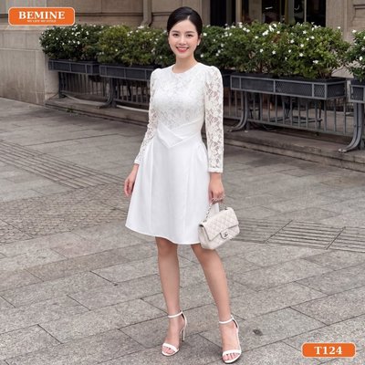 Đầm thiết kế cao cấp BEMINE cổ tròn tay dài phối ren dáng chữ A phù hợp đi chơi, đi tiệc-T124