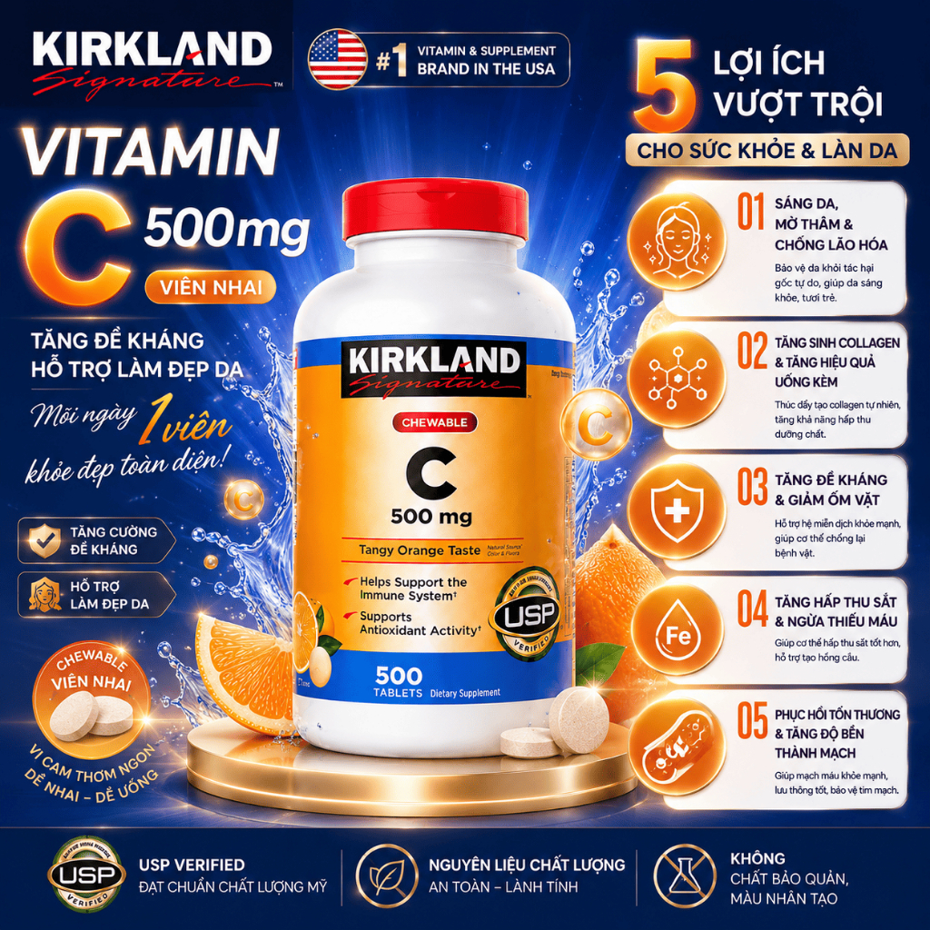 Vitamin C Chewable Kirkland Signature 500mg (Hộp 500 Viên) - Viên Nhai Vị Cam Bổ Sung Vitamin C Đẹp 