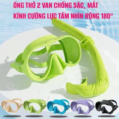 Bộ kính lặn góc rộng kèm ống thở van 1 chiều chống sặc nước cho người lớn và trẻ em từ 8 tuổi