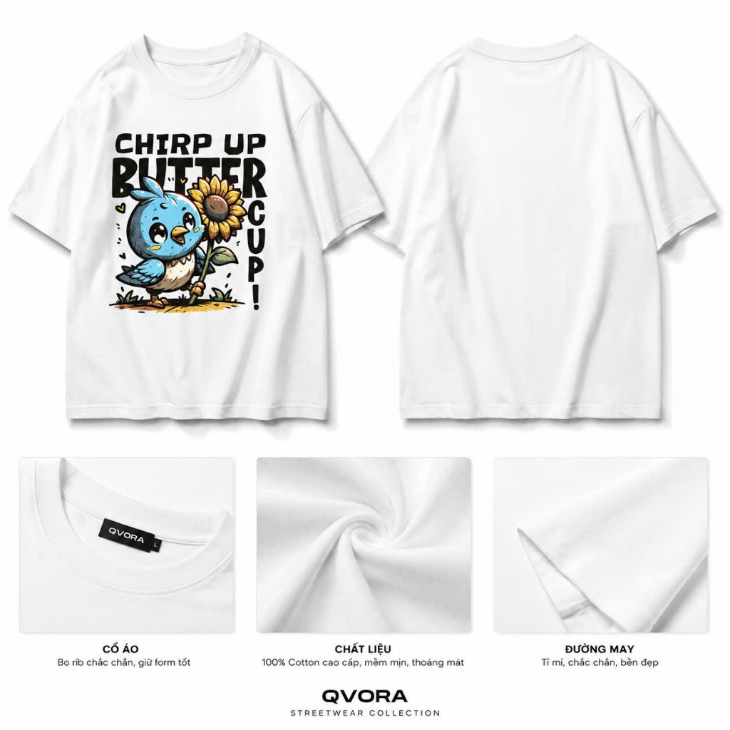 Áo Thun Unisex Cotton QVORA Form Rộng Tay Lỡ In Hình Chim Xanh Chirp Up Buttercup Mềm Mịn  N41