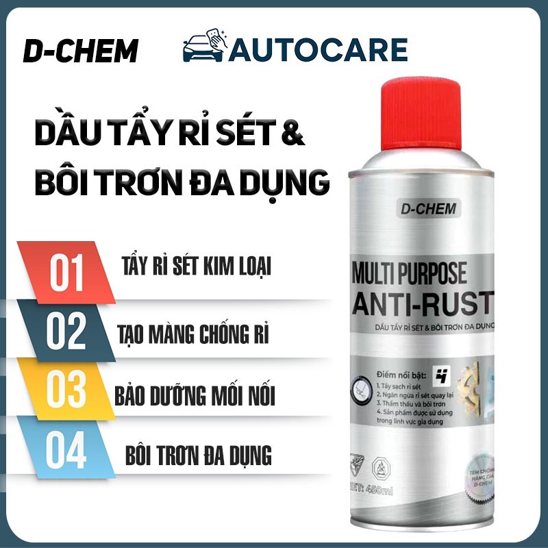 Chai Xịt Tẩy Rỉ Sét & Bôi Trơn Đa Dụng - D-CHEM AntiRust 450ml - Tẩy Rỉ Sét Kim Loại - Bôi Trơn - Bả