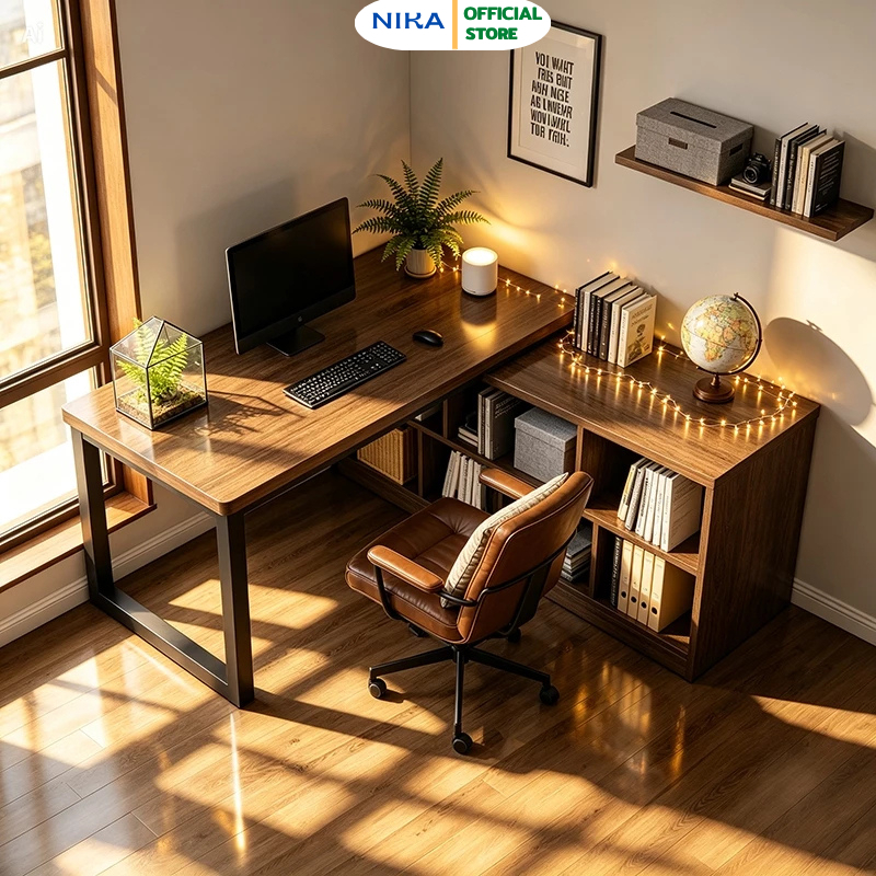 Bàn làm việc chữ L thông minh kèm kệ sách thương hiệu  NIKA - Gm131