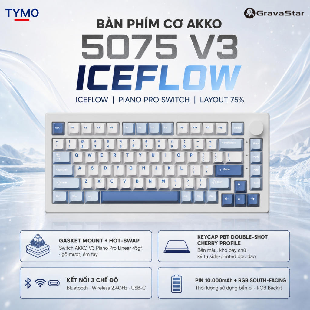 Bàn Phím Cơ Gaming Không Dây AKKO 5075 V3 IceFlow | 3 Mode | Hotswap | RGB