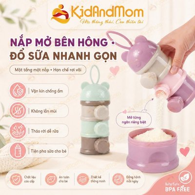 Hộp chia sữa bột KidAndMom hình gấu cho bé 3 tầng và 4 Tầng có quai đeo tiện dụng nhỏ gọn