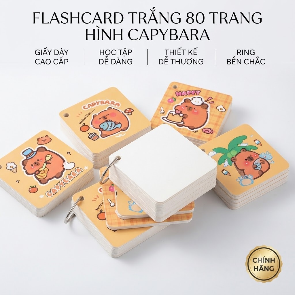 Flashcard Trắng 80 Trang Hình Capybara, Thẻ Học Từ Vựng, Flashcard Học Tiếng Anh Tiện Lợi