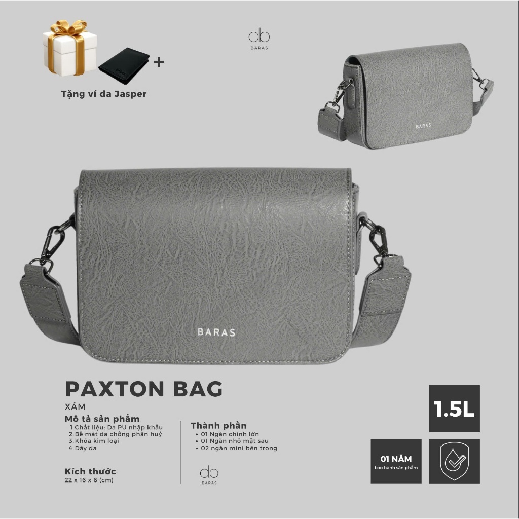 Túi đeo chéo nam Paxton bag - Xám - BARAS - Túi da nam thời trang