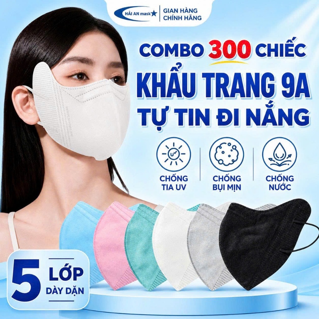 [ Thùng 300-200-100 Chiếc 9A  ] Khẩu Trang 9A HẢI AN MASK, 5 Lớp Chống Bụi Mịn, Chống Nắng,Tia UV, F