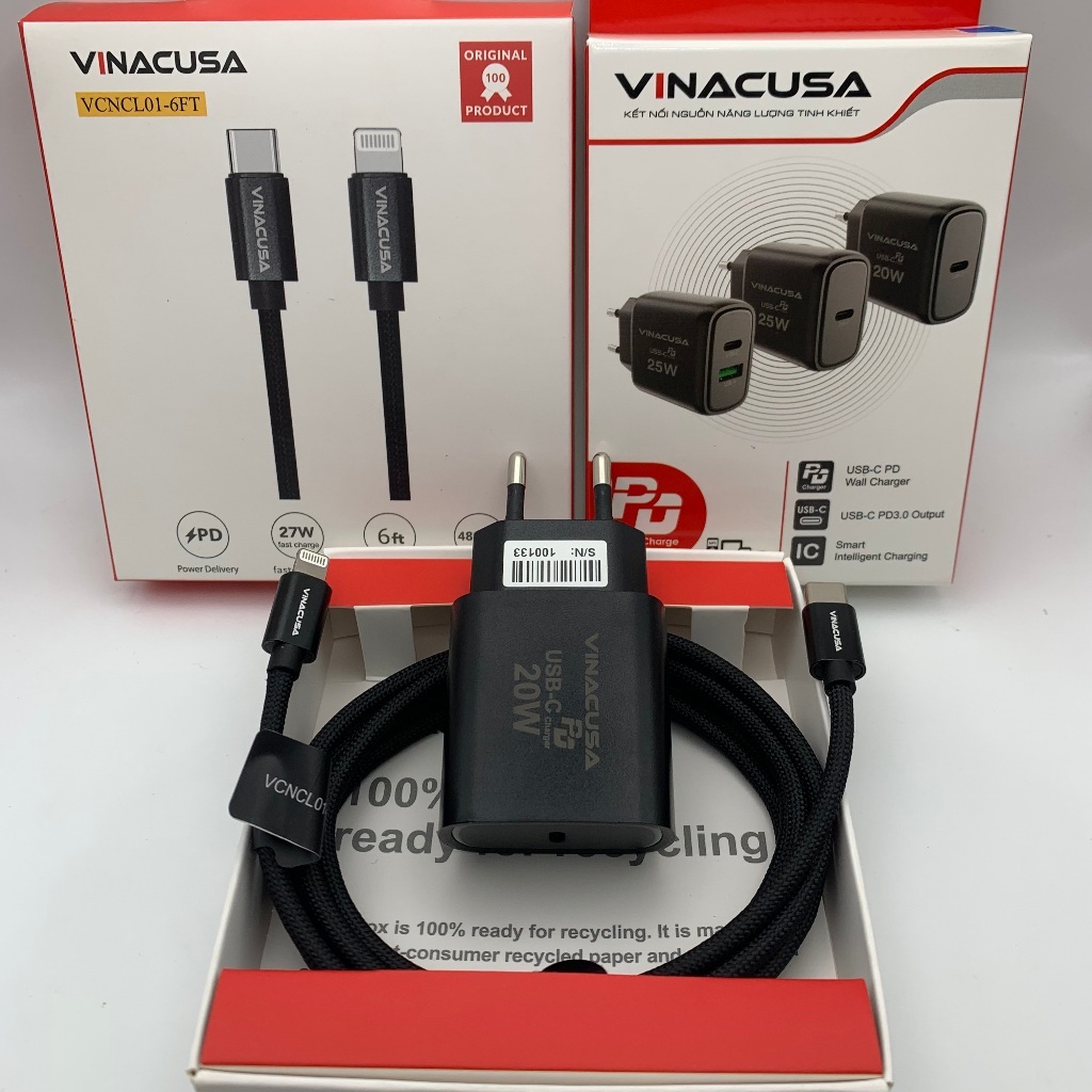 Combo Bộ Sạc Nhanh 20W VINACUSA V2001B & Cáp Type-C To Lightning VCNCL01-6FT 1.8m Cho iPhone iPad - 