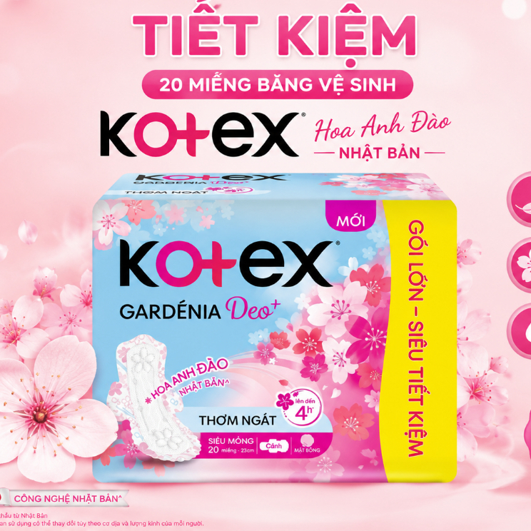 Băng Vệ Sinh Kotex Gardenia Deo+ Hương Hoa Anh Đào Mặt Bông Siêu Mỏng Cánh (Gói 20 Miếng)