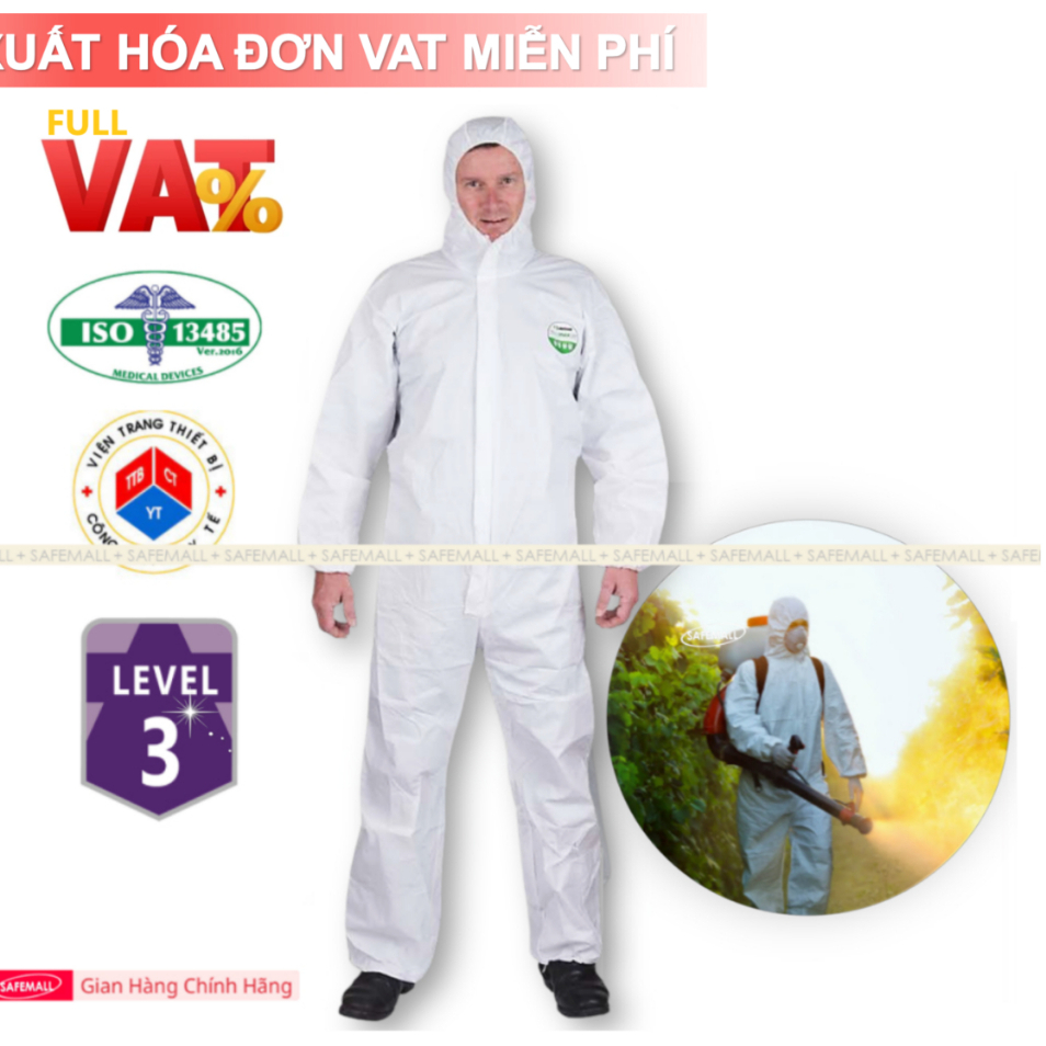 SAFEMALL Bộ quần áo chống hóa chất phun thuôc trừ sâu LV3 (Type 3) Tặng kính + khẩu trang + găng tay
