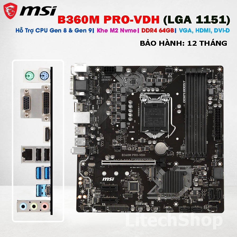 Main MSI B360M PRO-VDH DDR4 LGA1151 Khe M.2 64GB Hỗ Trợ Intel Core i3 i5 i7 Gen 8/9 Gaming Văn Phòng