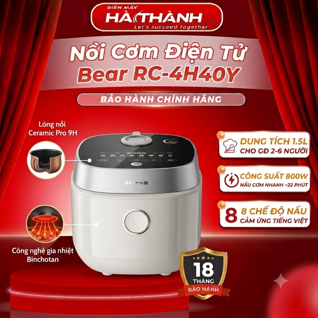 Nồi Cơm Điện Tử Bear RC-4H40Y, 1,5L - 800W - Ceramic Pro 9H - 8 chế độ nấu, Bảo Hành 18 Tháng
