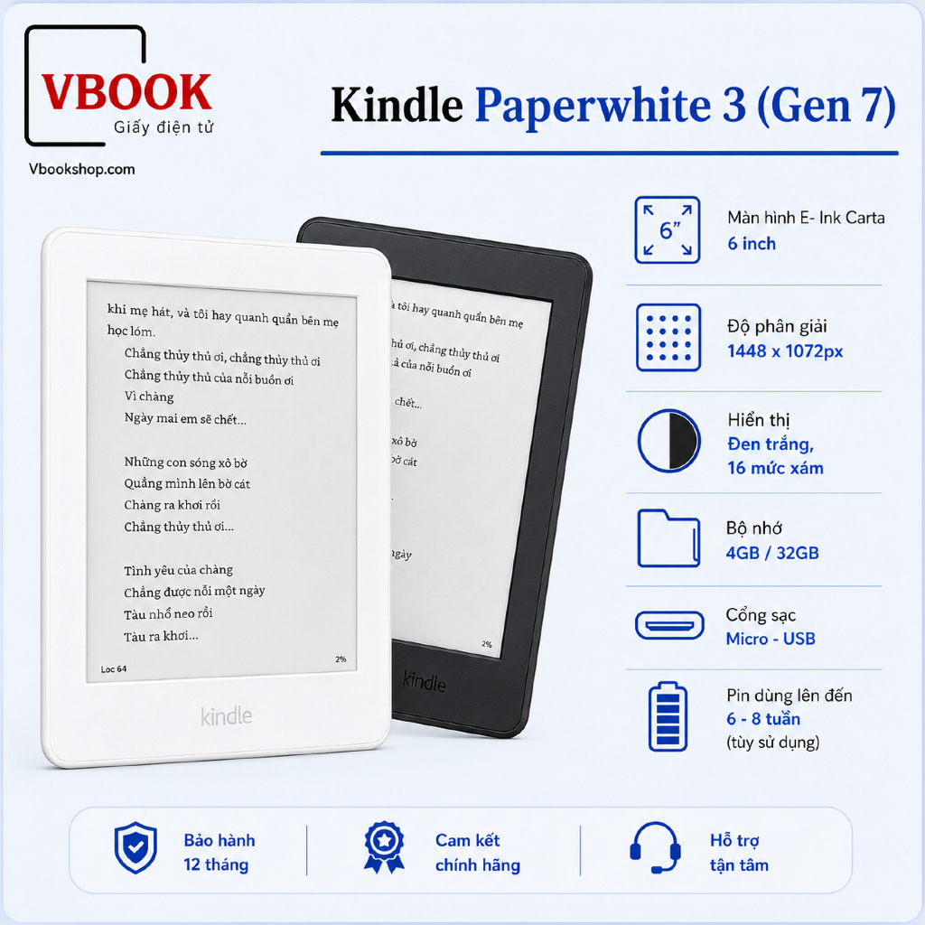 Máy Đọc Sách Kindle Paperwhite 3 - Chính hãng Amazon PPW3