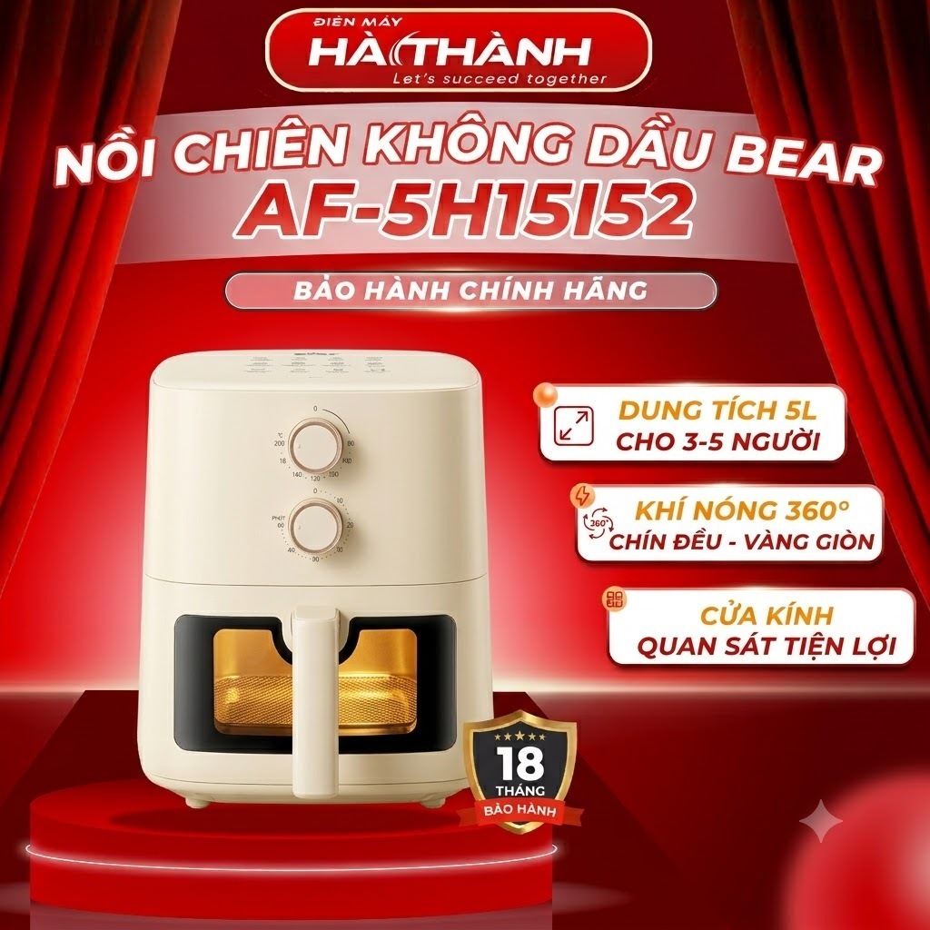 Nồi Chiên Không Dầu Bear AF-5H15I52, 5Lit - 1500w, Điều Khiển Núm Cơ, Bảo Hành 18 Tháng