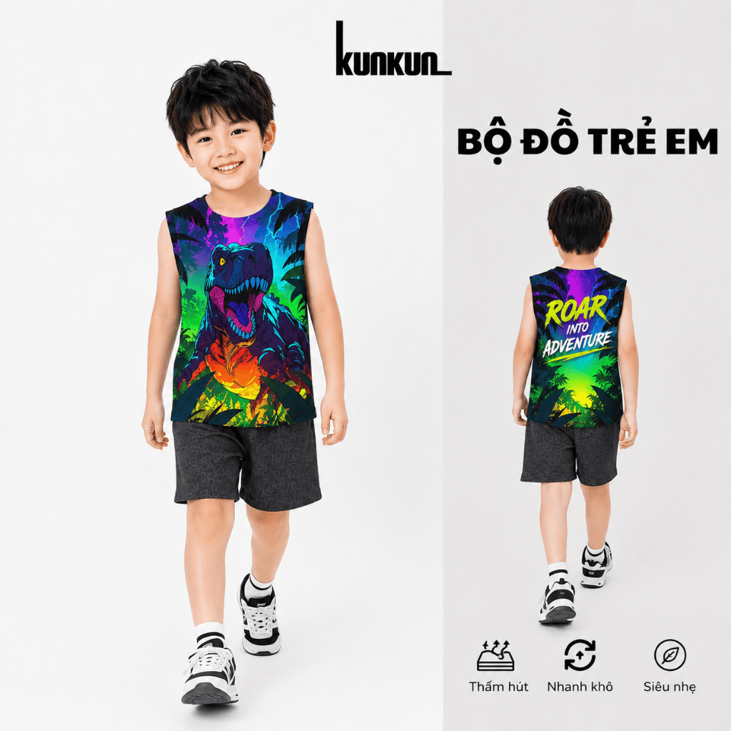 Áo Ba Lỗ Bé Trai Khủng Long, Áo Sát Nách Hình Khủng Long Cá Tính, Vải Thoáng Mát Cho Bé - KunKun Kid