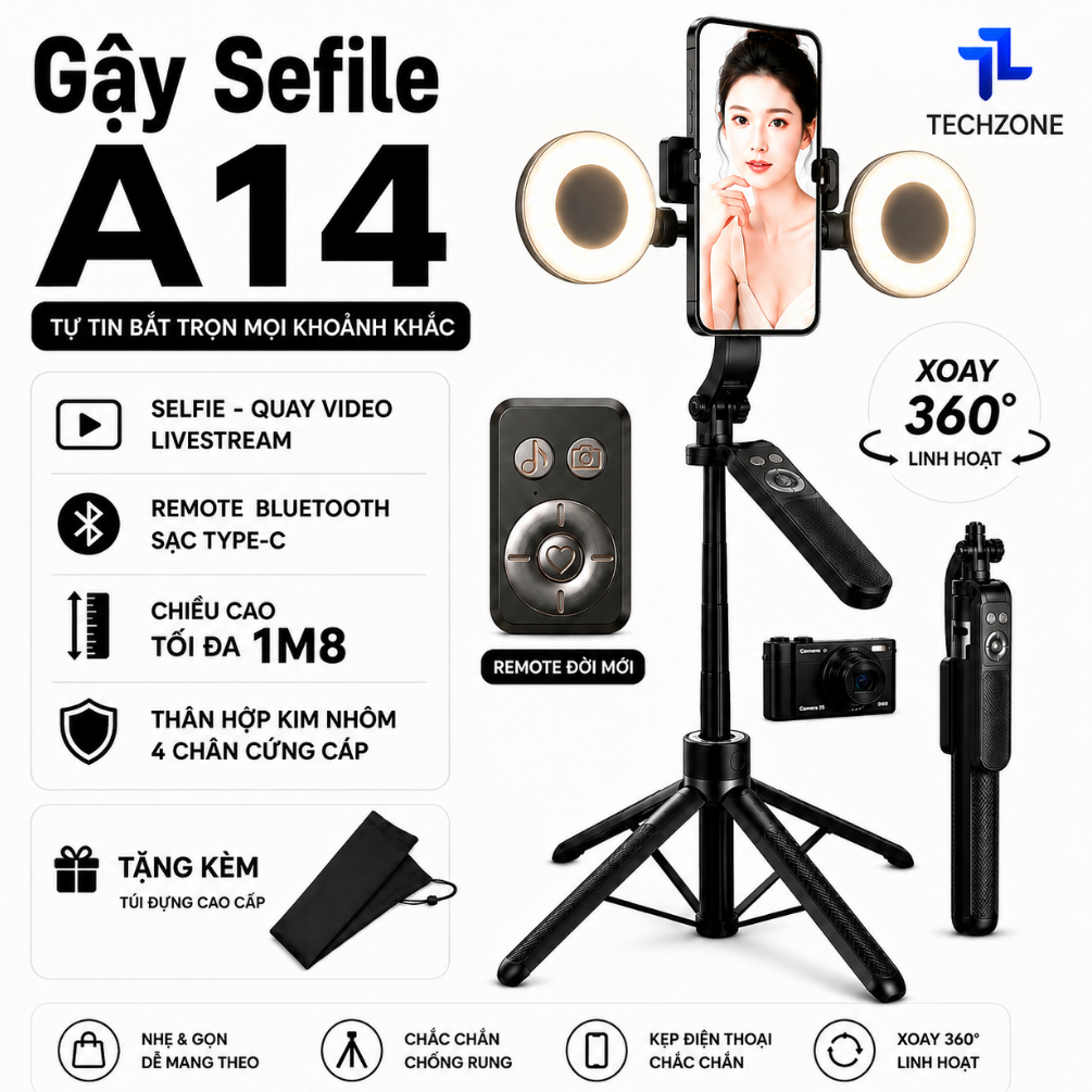 Gậy chụp ảnh Selfie 4 chân A14 1M8 điều khiển từ xa có phân loại đèn trợ sáng…
