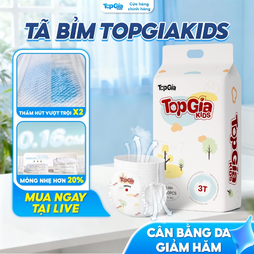 Tã bỉm quần dán TopGiaKids mềm mỏng, chống tràn, thấm hút tốt đủ size từ S…