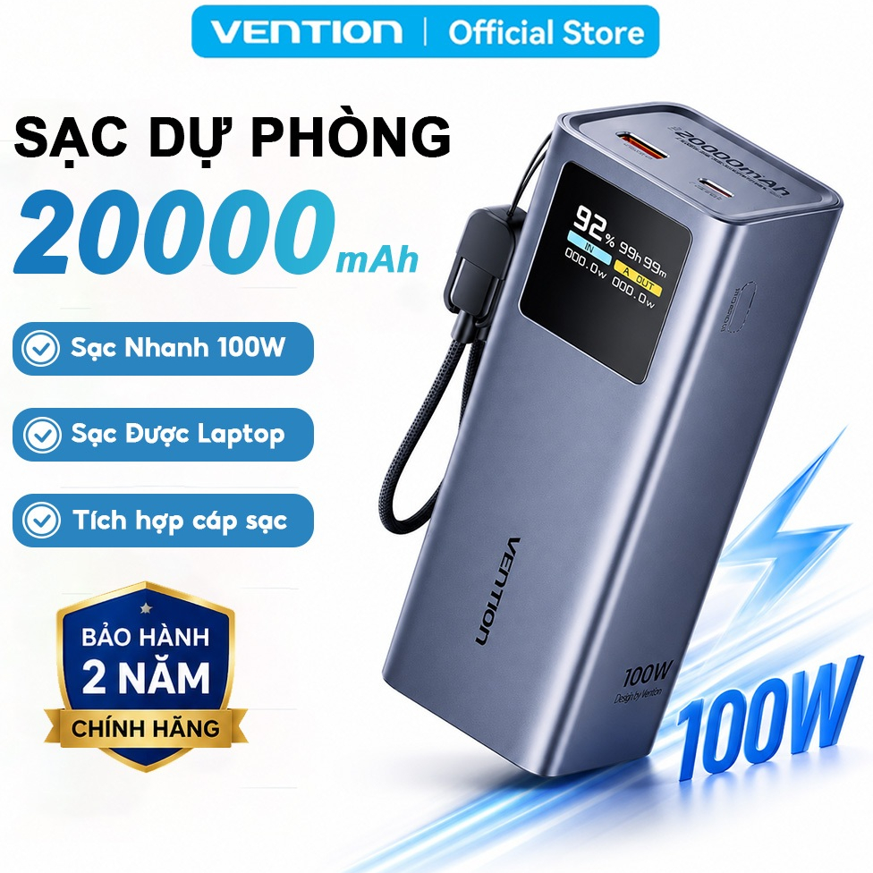Pin Sạc Dự Phòng 20000mAh 100W Vention,Cáp USB-C Tích Hợp,  Sạc Nhanh PD Cho Điện Thoại Laptop MatBook, Màn Hình TFT