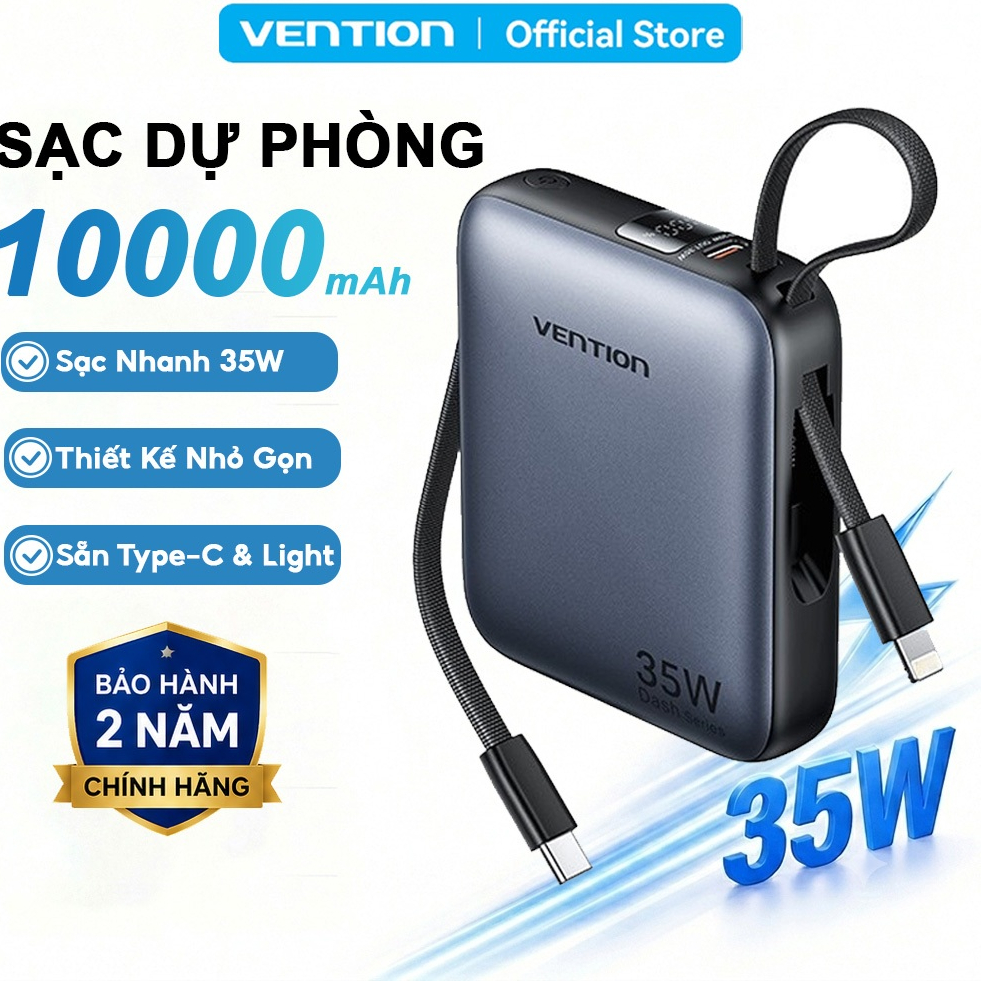 Pin Sạc Dự Phòng 10000mAh 35W Vention, Tích Hợp Cáp USB-C Và Light, Sạc Nhanh PD, Thiết Kế Nhỏ Gọn