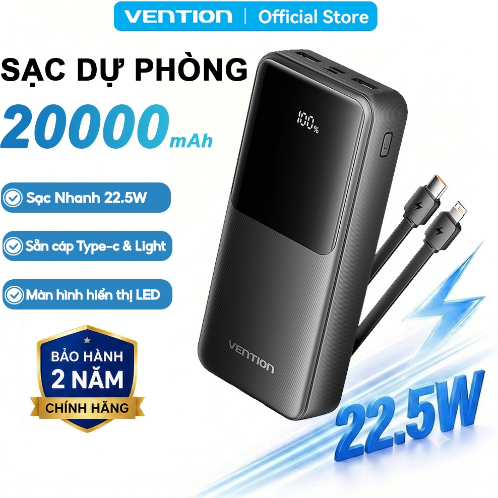 Pin Sạc Dự Phòng 22.5W 20000mAh Vention,Tích Hợp Cáp Type-C Và Light, Sạc Nhanh PD/QC, Màn Hình LED
