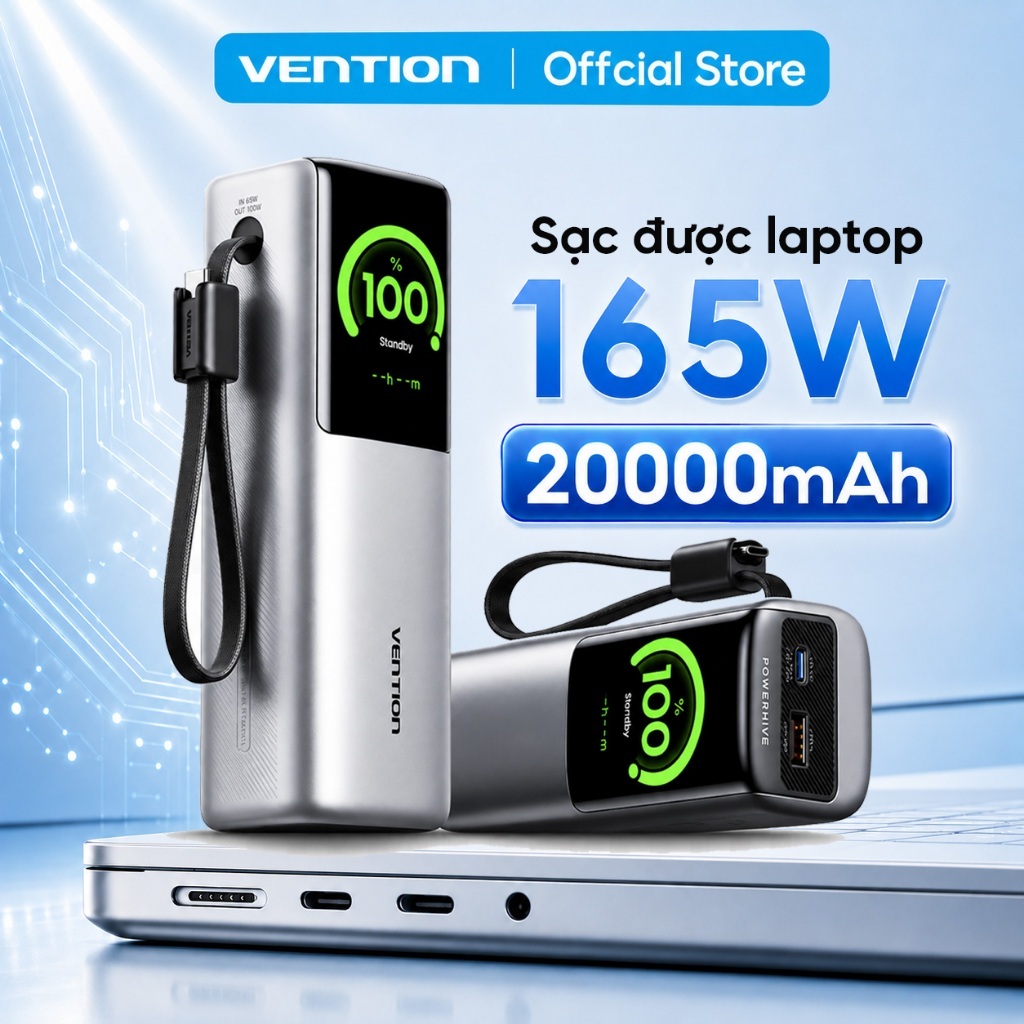 Pin Sạc Dự Phòng 165W 20000mAh Vention Sạc Được Laptop MatBook, Dây Type-C Tích Hợp, Màn Hình AI, 2 
