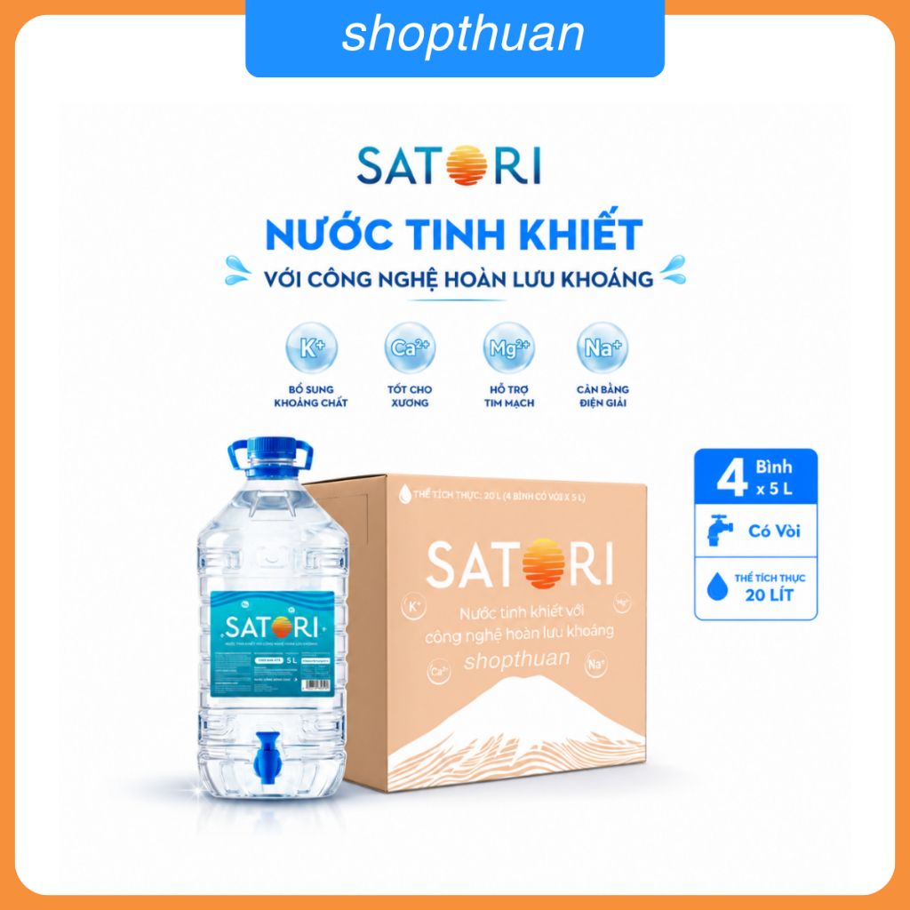 Nước tinh khiết Satori 5 Lít CÓ VÒI ( thùng 4 chai )