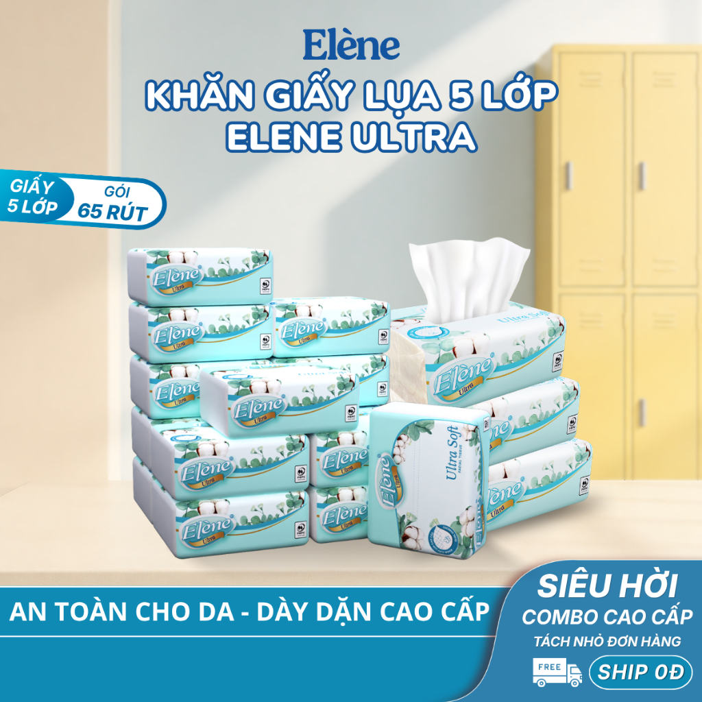 COMBO 16/30/60 GÓI Khăn Giấy Lụa 5 Lớp Rút Elene Ultra Cao Cấp, Mềm Mịn, An Toàn (COMBO 16/30/60)