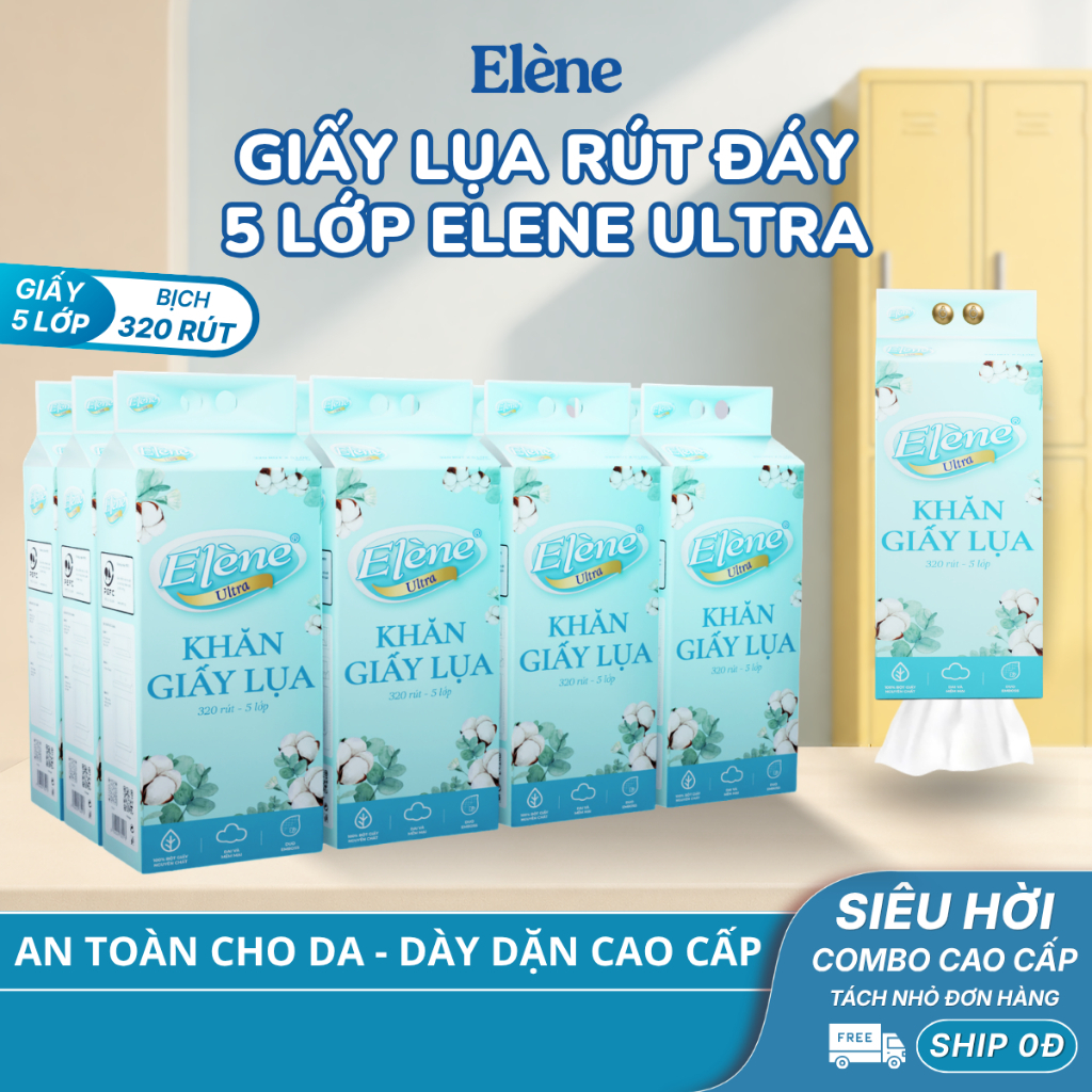 COMBO 6/10 BỊCH Giấy Lụa 5 Lớp Rút Đáy Elene Ultra 1600 Tờ Cao Cấp, Mềm Mịn, An Toàn