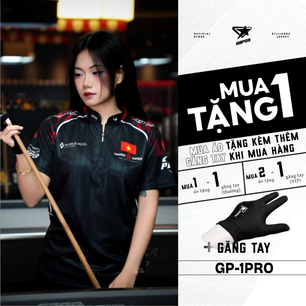 Áo Thun Billiards Chuyên Nghiệp Nam/Nữ Chất Vải Lấp Lánh Họa Tiết Tuyển Thủ Màu Đen Đỏ Mã GP-1PRO