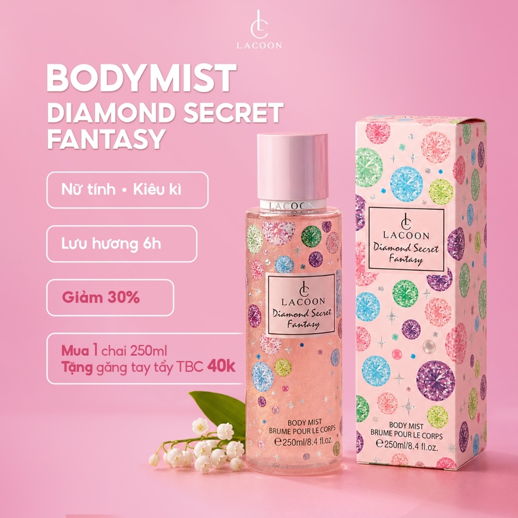 Body Mist LACOON Diamond Secret - Xịt Thơm Khử Mùi Nam Nữ Hương Nước Hoa Thơm Nhẹ Nhàng, Thanh Lịch , Lưu Hương 6h