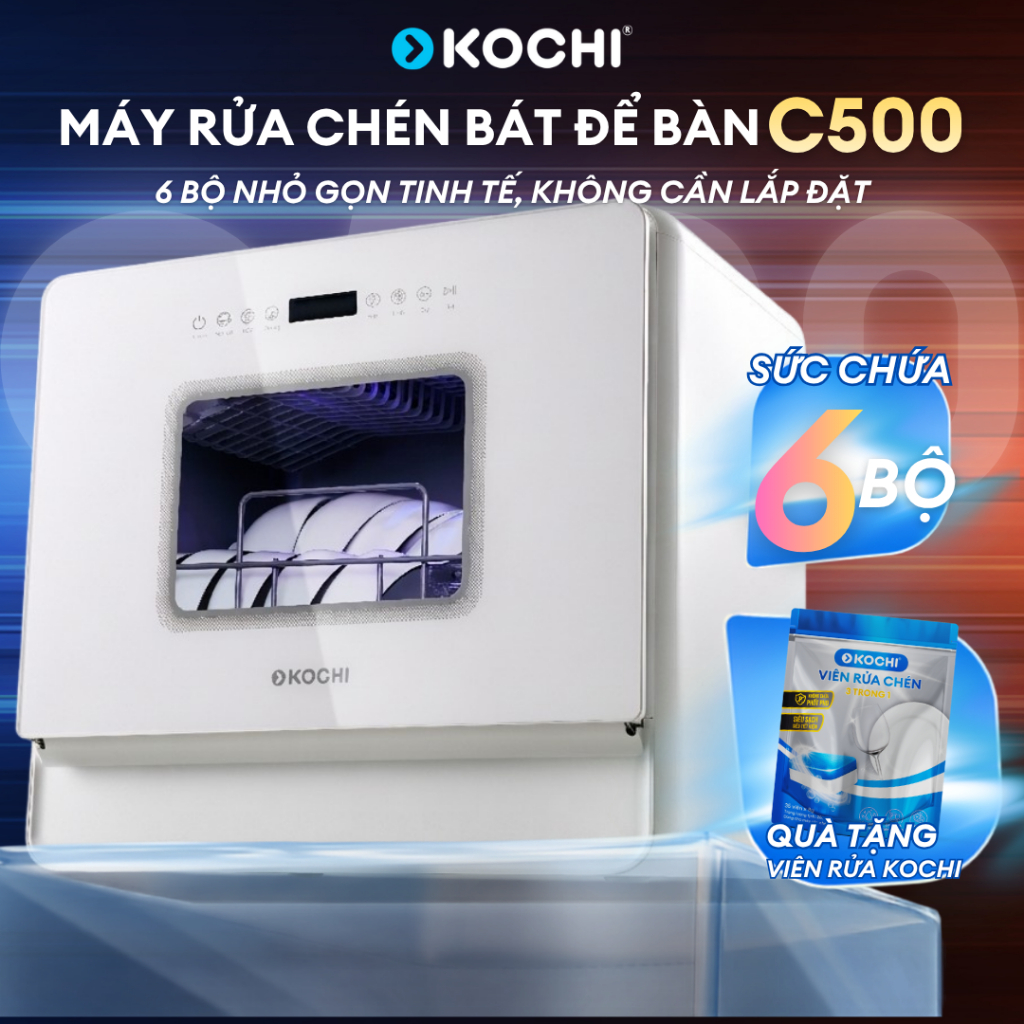 Máy rửa chén bát để bàn KOCHI C500 - Sức chứa 6 bộ - Không cần lắp đặt - 5 chương trình rửa - Rửa nư