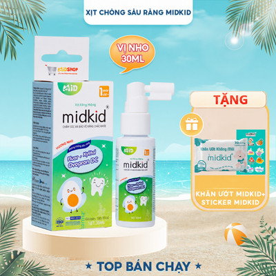 Xịt chống sâu răng Midkid vị Nho 30ml cho bé từ 1 tuổi nuốt an toàn giúp làm sạch thơm miệng loại bỏ mảng bám đen ố vàng