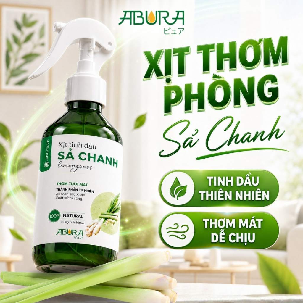 Xịt Tinh Dầu Sả Chanh ABURA Khử Mùi Hôi Nhà, Thơm Phòng (An Toàn Cho Bé)