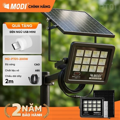 Đèn Pha Năng Lượng Mặt Trời 200W MODI SOLAR Mắt Vuông Cao Cấp, Độ Sáng Cao Chiếu Xa