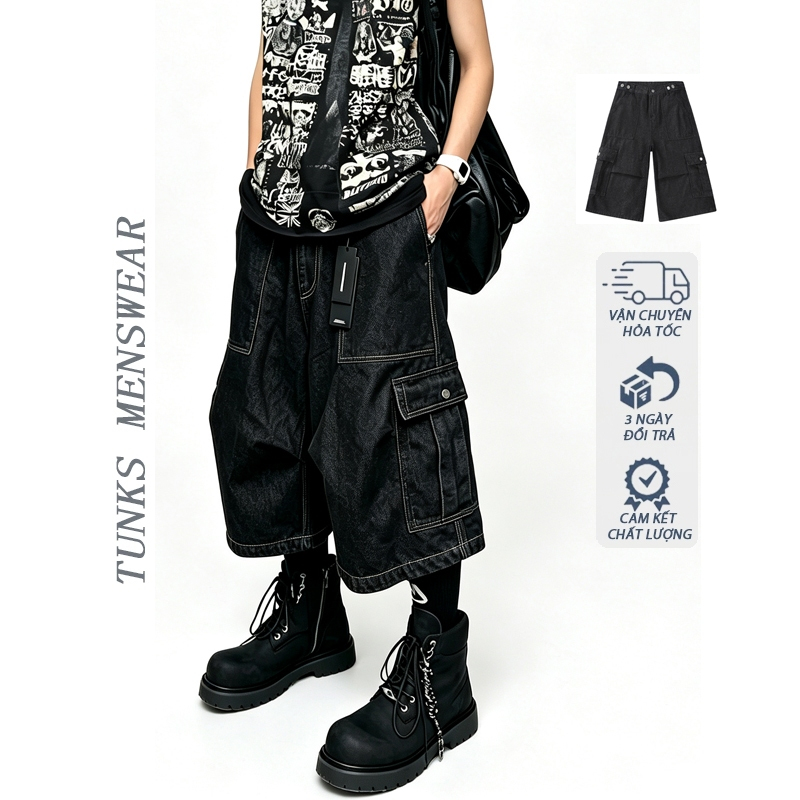Quần Short Jean Cargo 7 Phần Baggy Bò Nguyên Màu Đen Unisex Nam Nữ Nhiều Túi Phong Cách Đường Phố