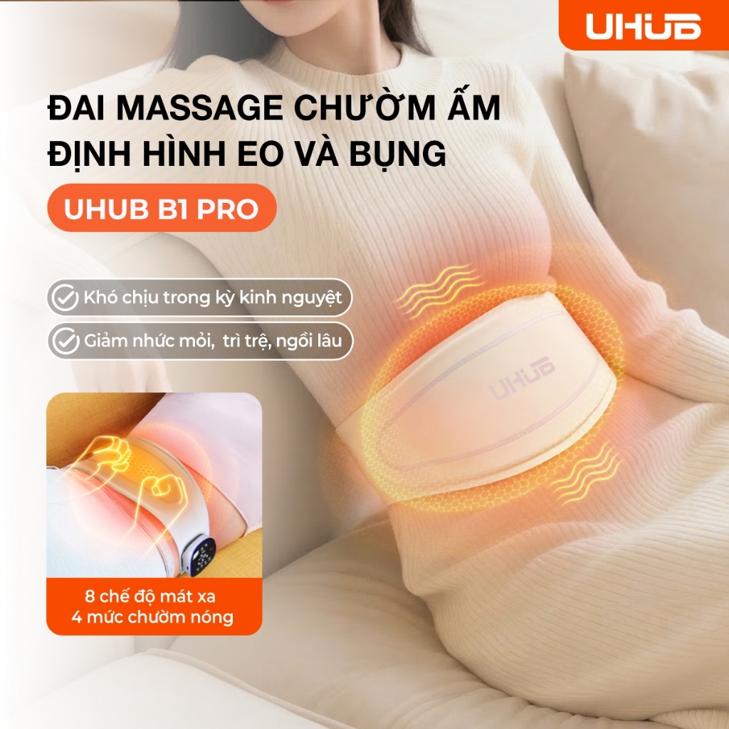 Đai Massage Chườm Ấm bụng kinh UHUB B1 Pro, xung kép EMS TENS, Định Hình Eo, Lưng,Bụng, 8 chế độ,19 mức lực linh hoạt