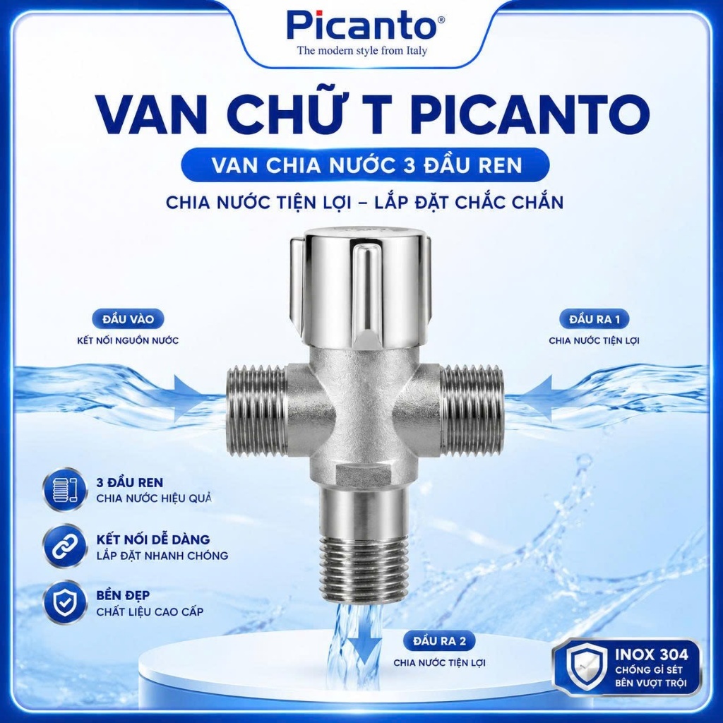 Picanto Van T-02 Thau – Van Chữ T Chia Nước 3 Đầu Ren, Van Nước