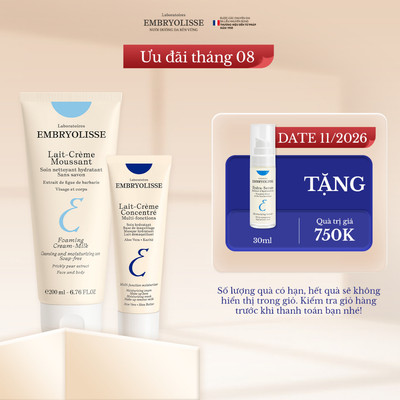 Combo Chăm Da Siêu Tối Giản Unisex Embryolisse Sữa Rửa Mặt 200ml và Kem Dưỡng Ẩm 30ml