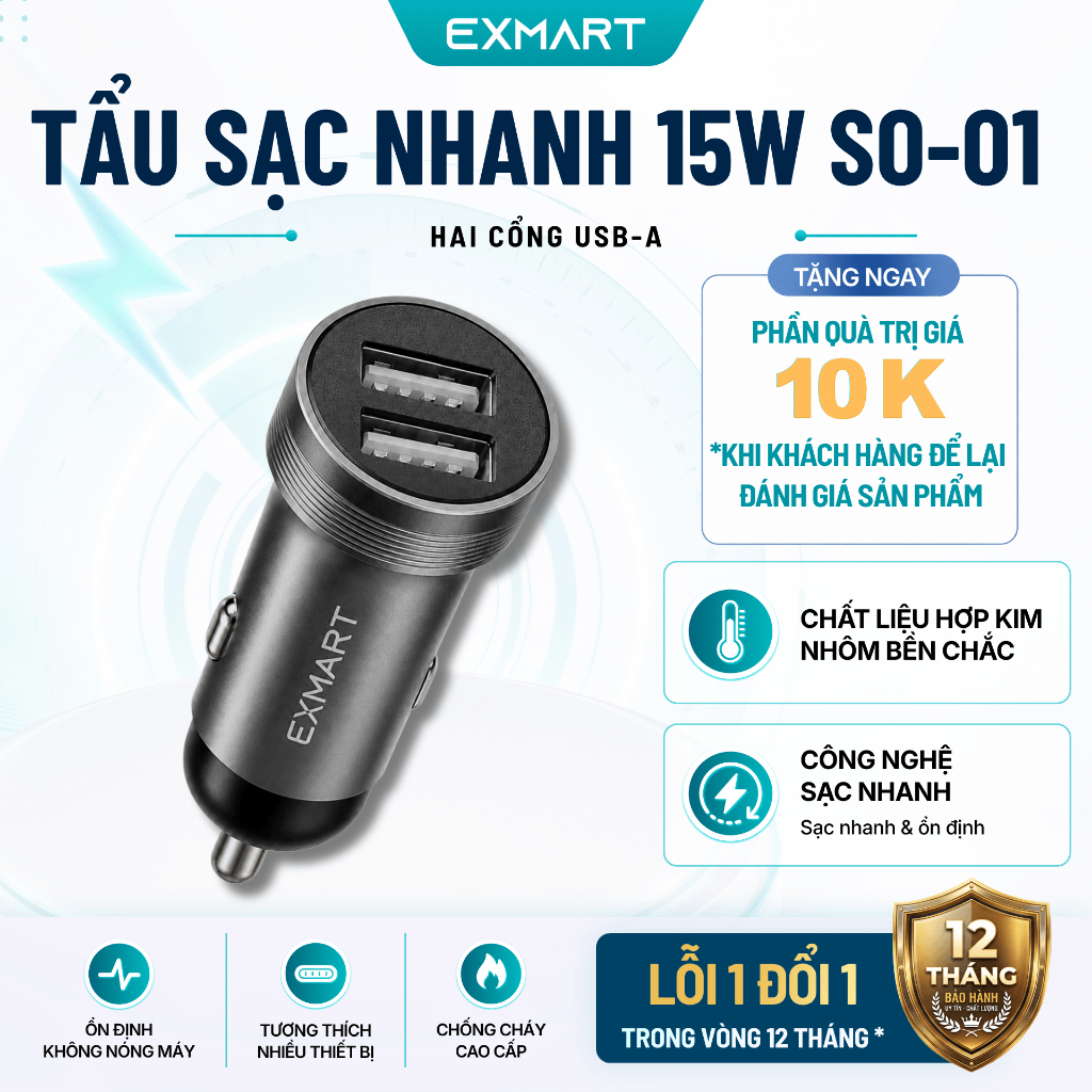 Tẩu Sạc Ô Tô Siêu Nhanh EXMART SO-01 Hai Cổng USB-A - Công Suất 15W - Bảo Hành 12 Tháng