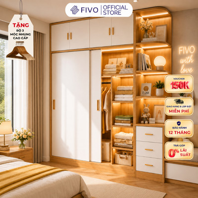 Tủ Gỗ Quần Áo Cửa Lùa Cao Cấp FC32 FIVO, Gỗ Dày 17mm, Kèm Hệ Tủ Tiện Lợi, Ngăn Kéo Sâu 60cm, Freeship+Free lắp đặt, Trả