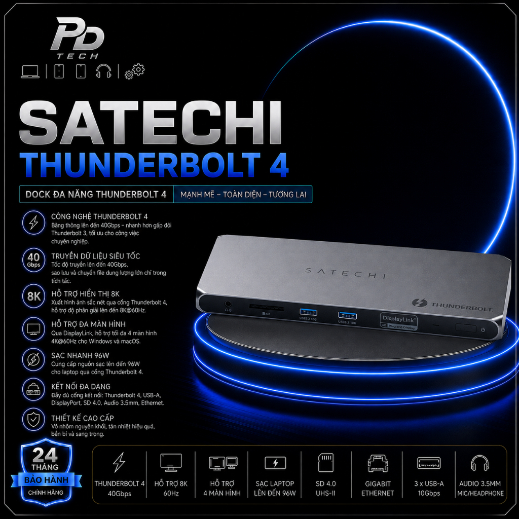 Hub Satechi Thunderbolt 4 Chính Hãng – 96W PD, Truyền Dữ Liệu 40Gbps, Xuất 2 Màn Hình 4K 60Hz, Mở Rộ