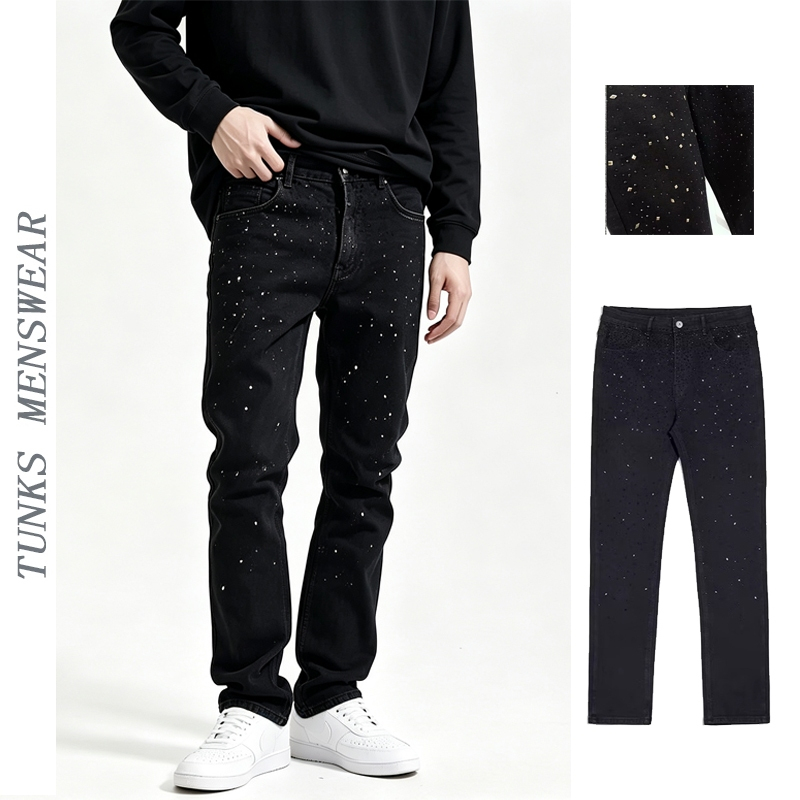 Quần Jeans Nam Đen Đính Đá Ngàn Sao, Kiểu Ôm Chân Dẻo Co Giãn Kéo Dài Chân Phong Cách HipHop