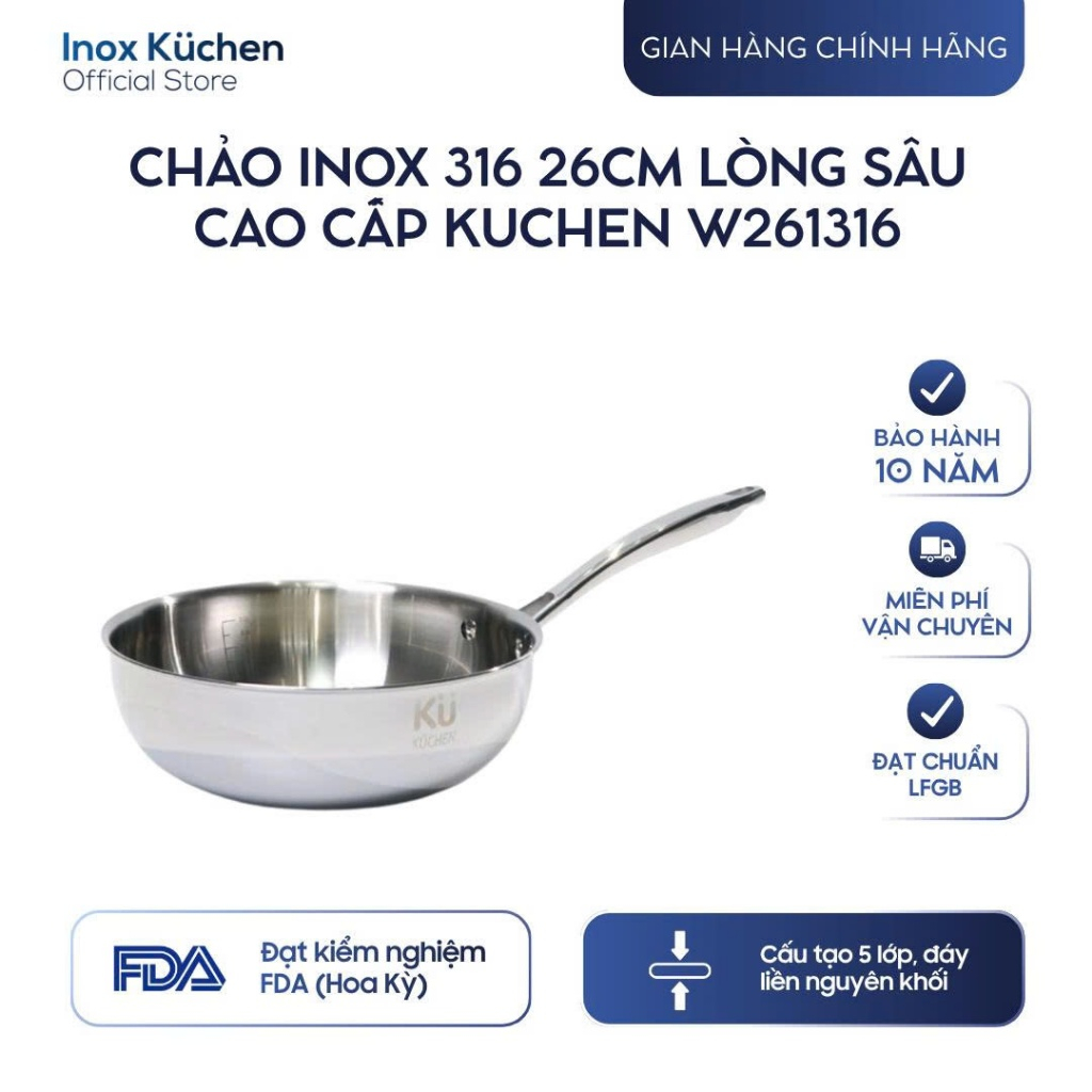 (Inox 316) Chảo inox 316 26cm lòng sâu cao cấp KUCHEN W261316