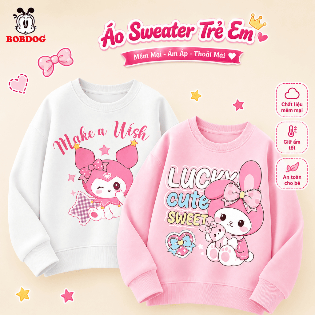 Áo sweater bé gái BOBDOG, áo thu đông bé gái chất liệu da cá cotton họa tiết in hình dễ thương