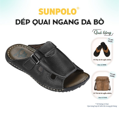 Dép Quai Ngang Nam Da Bò SUNPOLO Đen DQN003